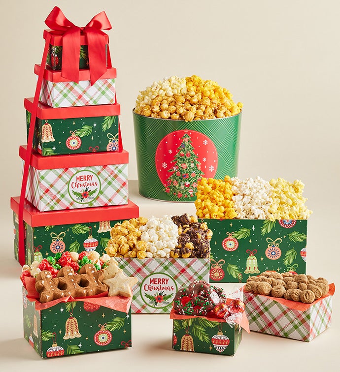 Christmas Cheer 5 Box Gift Tower and 2 Gallon Popcorn Tin 